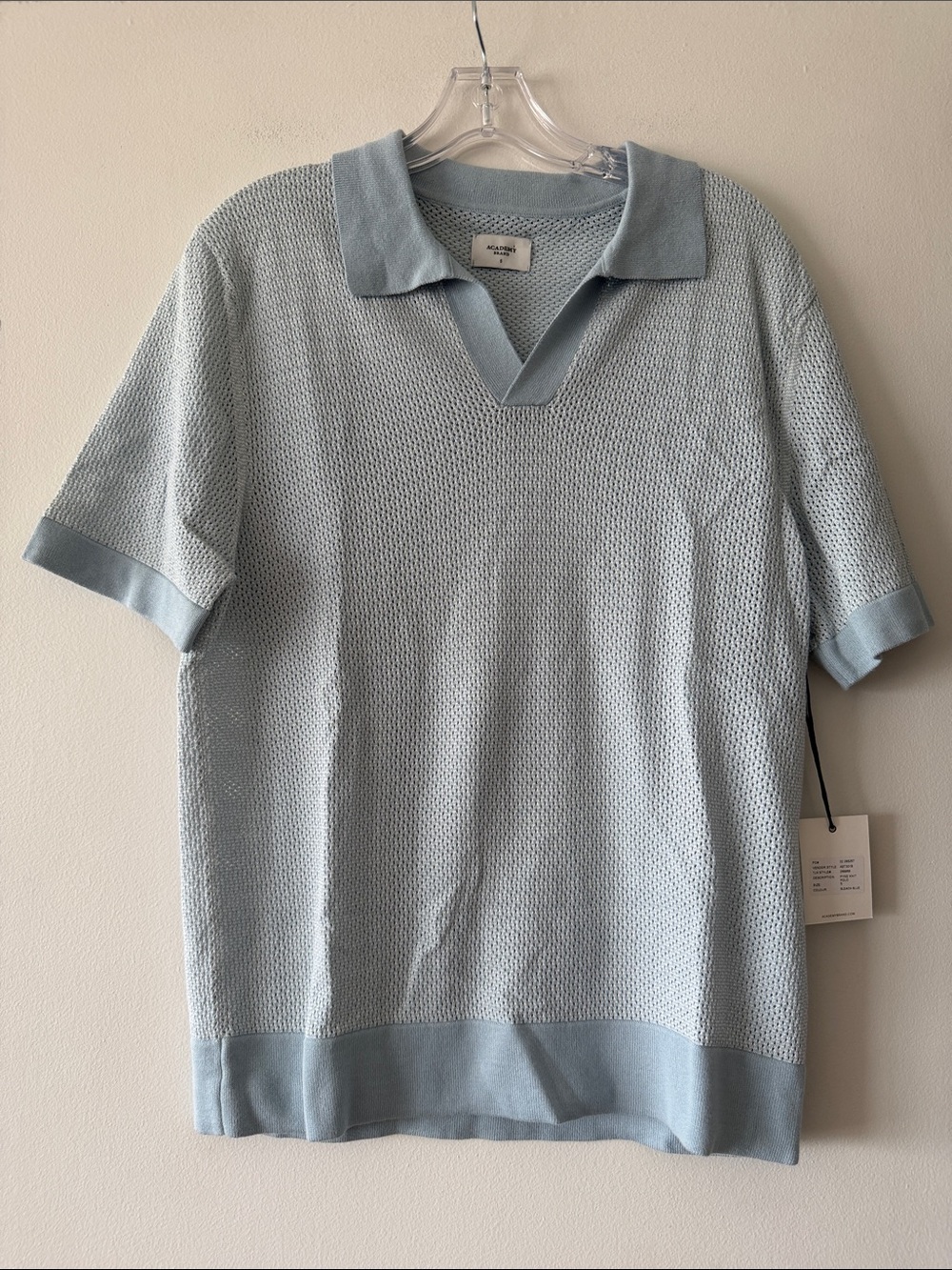 Academy Brand Pyne Knit Polo Shirt Blue 100% Cotton Mesh Retro V-Neck Men’s S